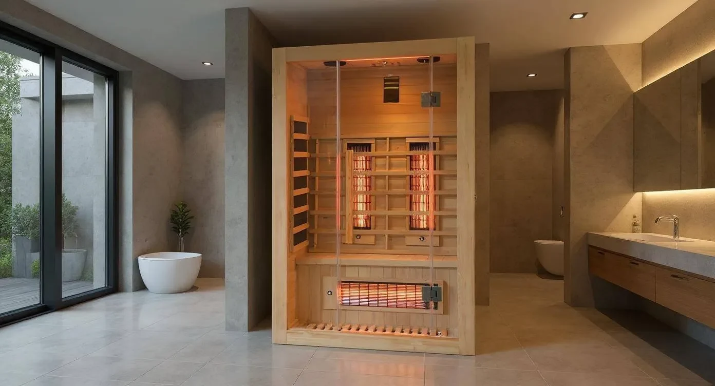 Sauna Mandala Full Spectrum a due posti, ambientata in un bagno contemporaneo