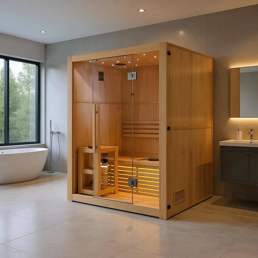 Sauna finlandese Aspen a tre posti in un ambiente domestico luminoso